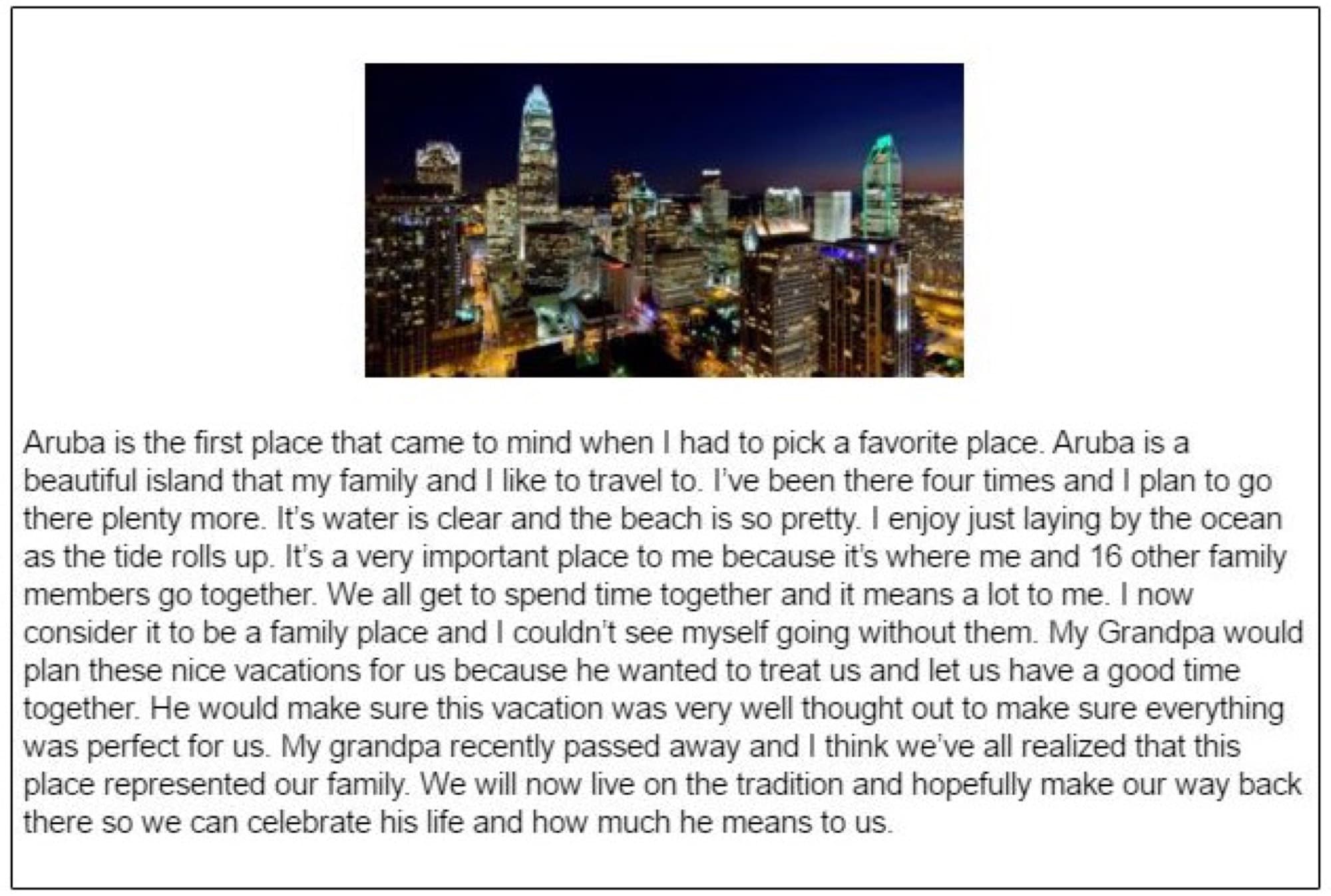 Example student homework: a city skyline at night above a 100-word paragraph describing a meaningful place.
